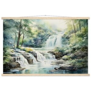 Serene Waterfall in Watercolor Art Print with Hanger - 60x90 cm / 24x36″, Natural wood wall hanger