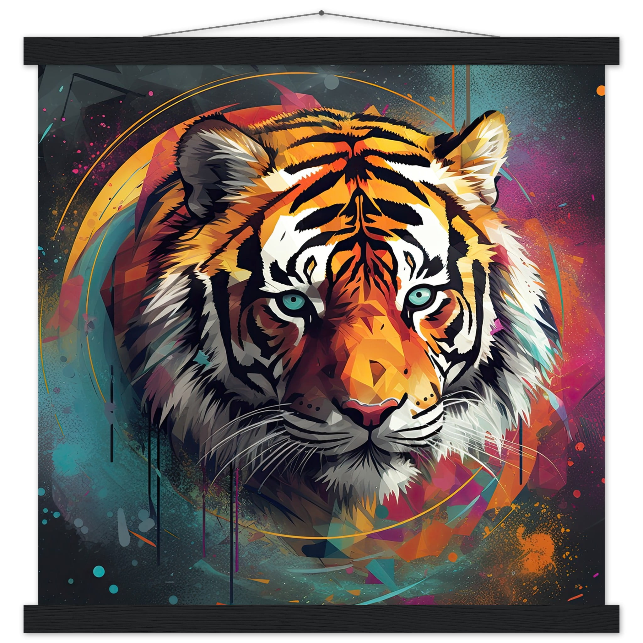 Tiger Colorful Abstract Art Print with Hanger – 45×45 cm / 18×18″, Black wall hanger