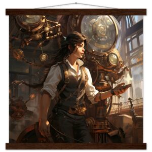 Steampunk Princess Art Print with Hanger - 45x45 cm / 18x18″, Dark wood wall hanger