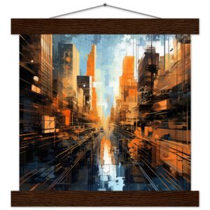 Abstract City Art Print with Hanger - 25x25 cm / 10x10″, Dark wood wall hanger