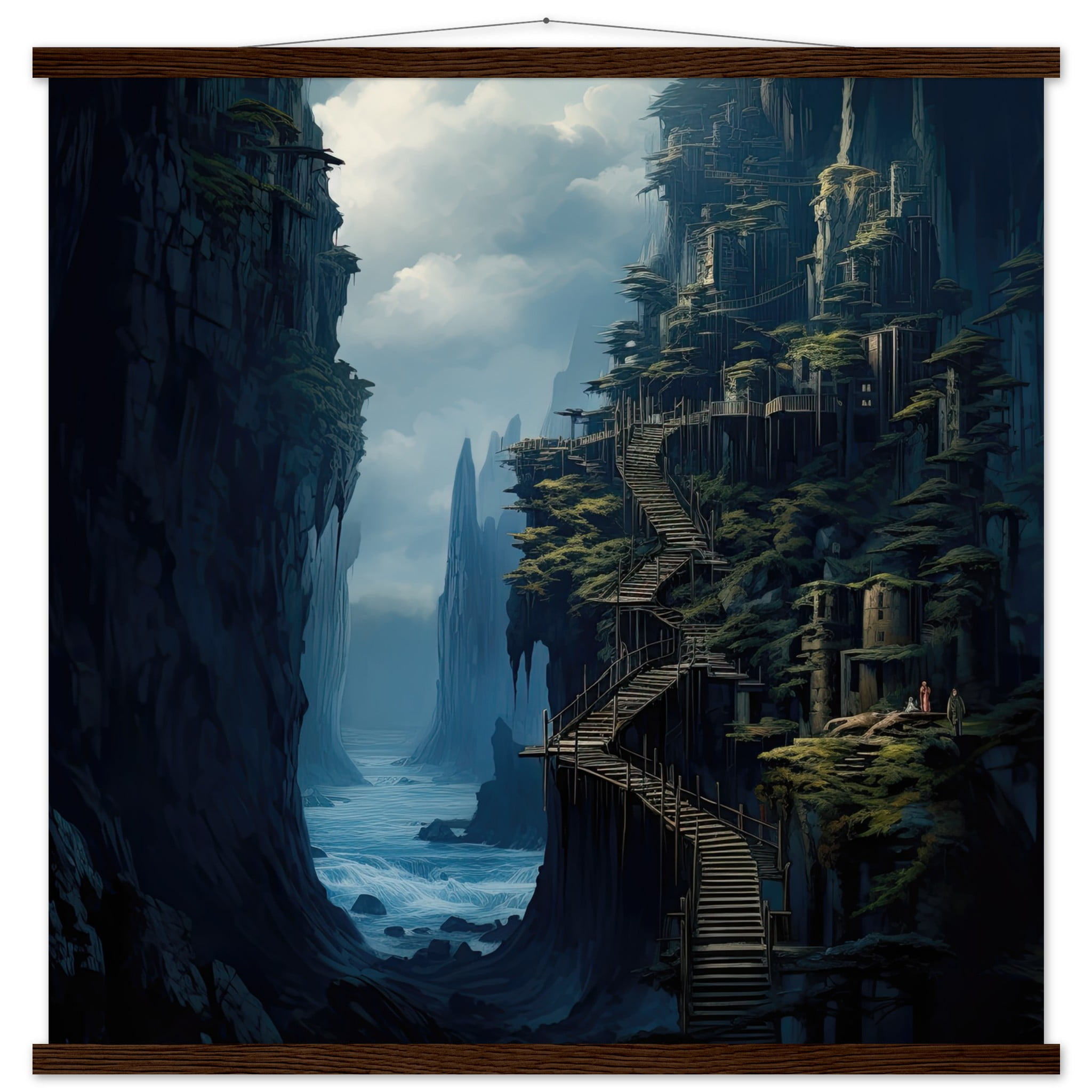 Cliffside Kingdom Landscape Art Print with Hanger – 70×70 cm / 28×28″, Dark wood wall hanger