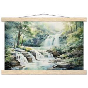 Serene Waterfall in Watercolor Art Print with Hanger - 30x45 cm / 12x18″, Natural wood wall hanger