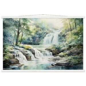 Serene Waterfall in Watercolor Art Print with Hanger