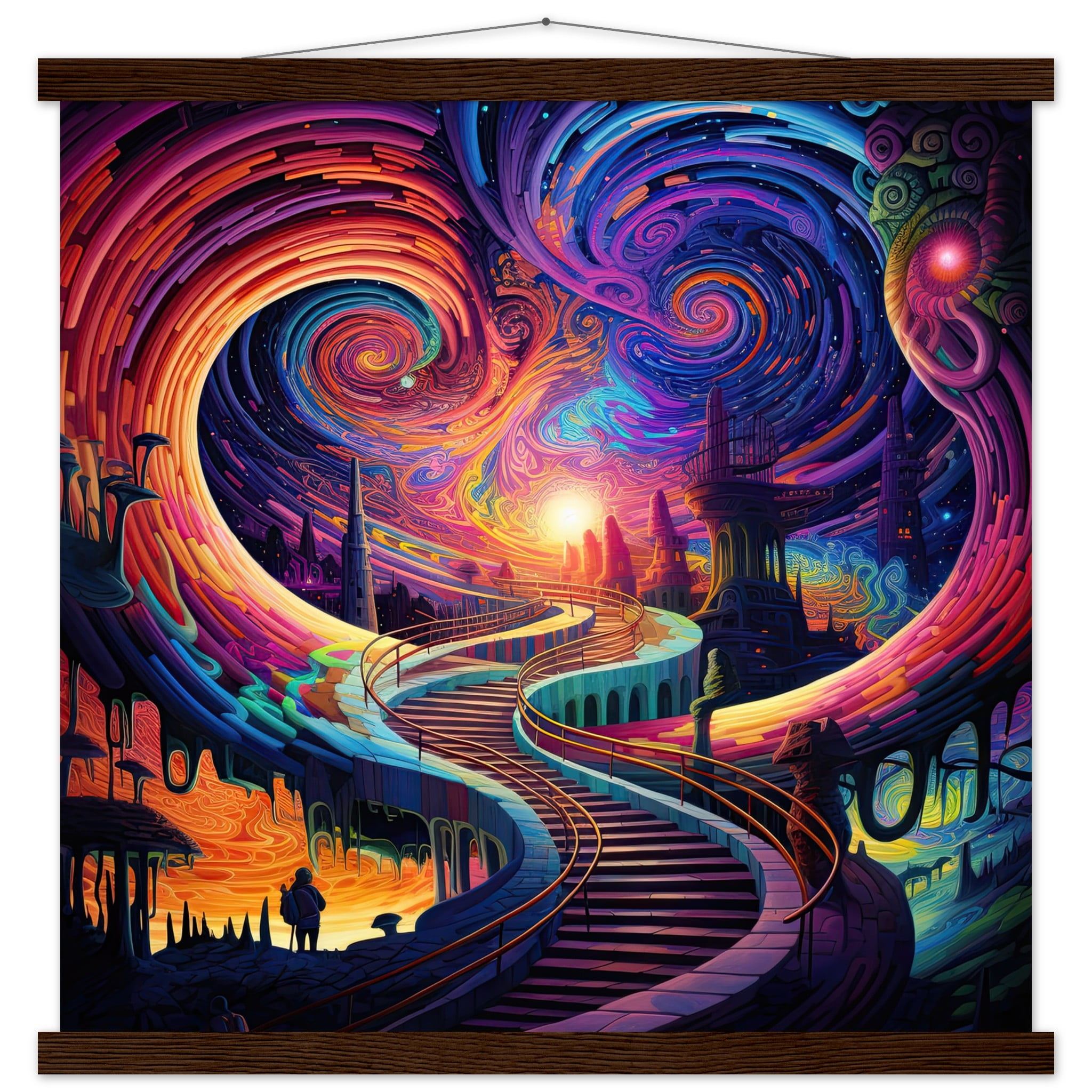 Trippy Colorful Adventure Art Print with Hanger – 50×50 cm / 20×20″, Dark wood wall hanger