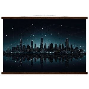 City Skyline Night Constellations Art Print with Hanger - 60x90 cm / 24x36″, Dark wood wall hanger