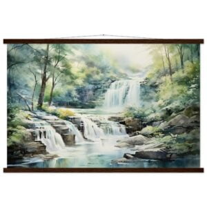 Serene Waterfall in Watercolor Art Print with Hanger - 60x90 cm / 24x36″, Dark wood wall hanger