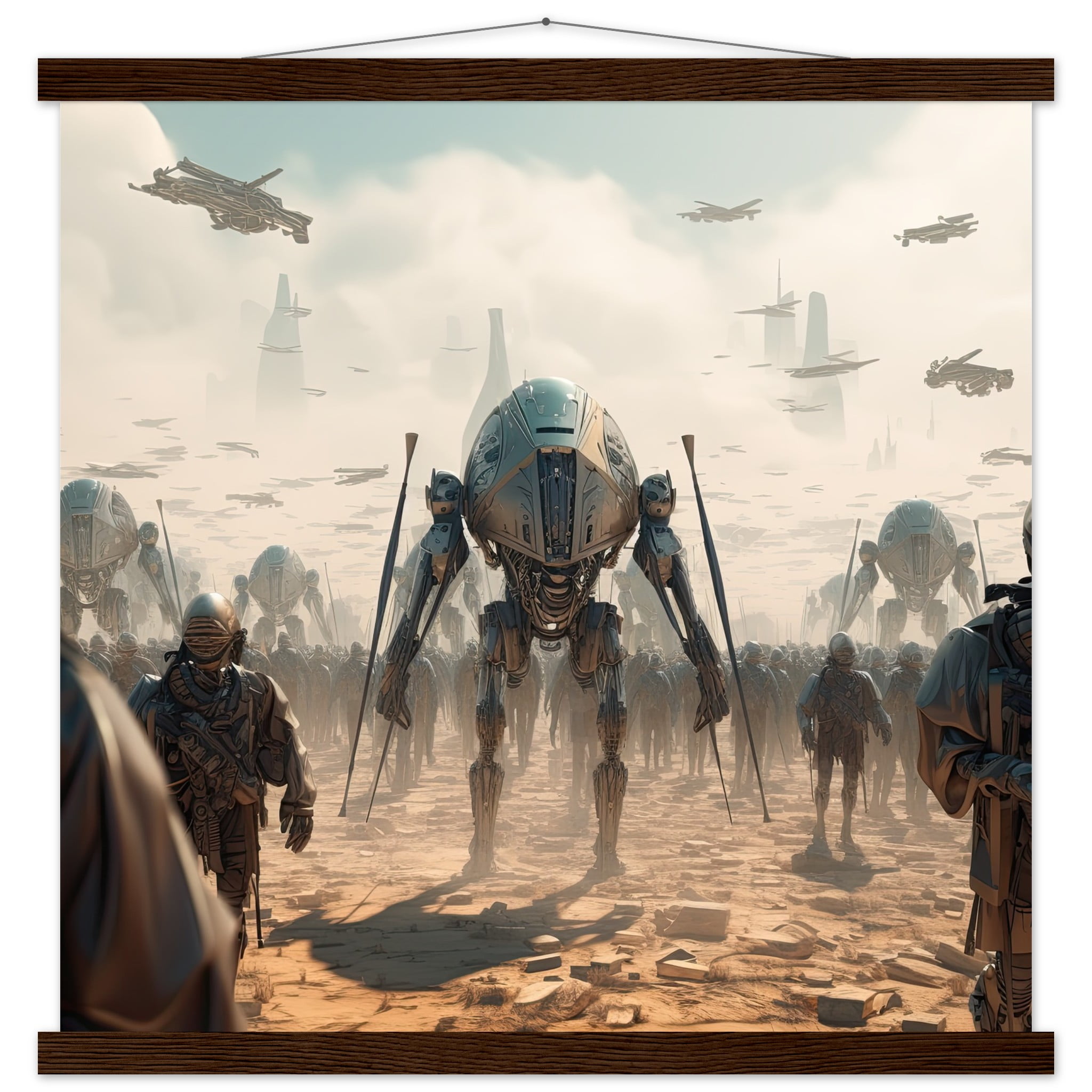 Future War Sci-Fi Art Print with Hanger – 50×50 cm / 20×20″, Dark wood wall hanger