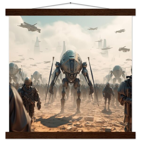 Future War Sci-Fi Art Print with Hanger - 40x40 cm / 16x16″, Dark wood wall hanger