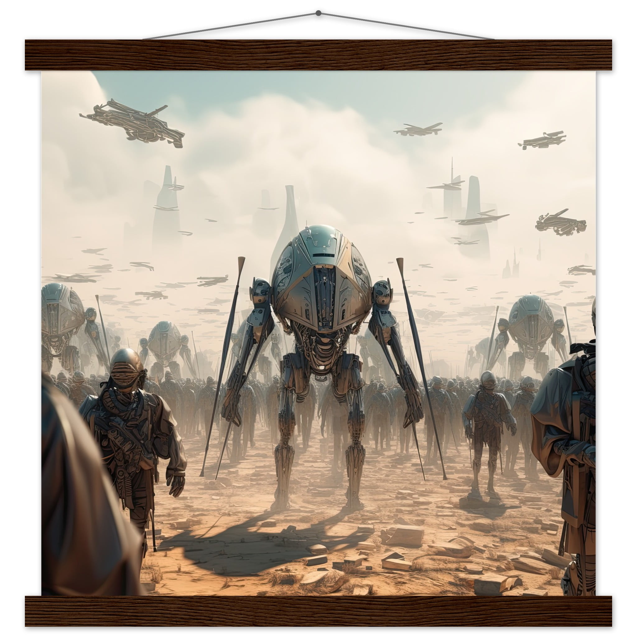 Future War Sci-Fi Art Print with Hanger – 40×40 cm / 16×16″, Dark wood wall hanger