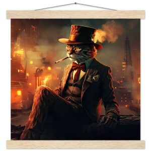 Gangster Cat Cool Art Print with Hanger - 35x35 cm / 14x14″, Natural wood wall hanger