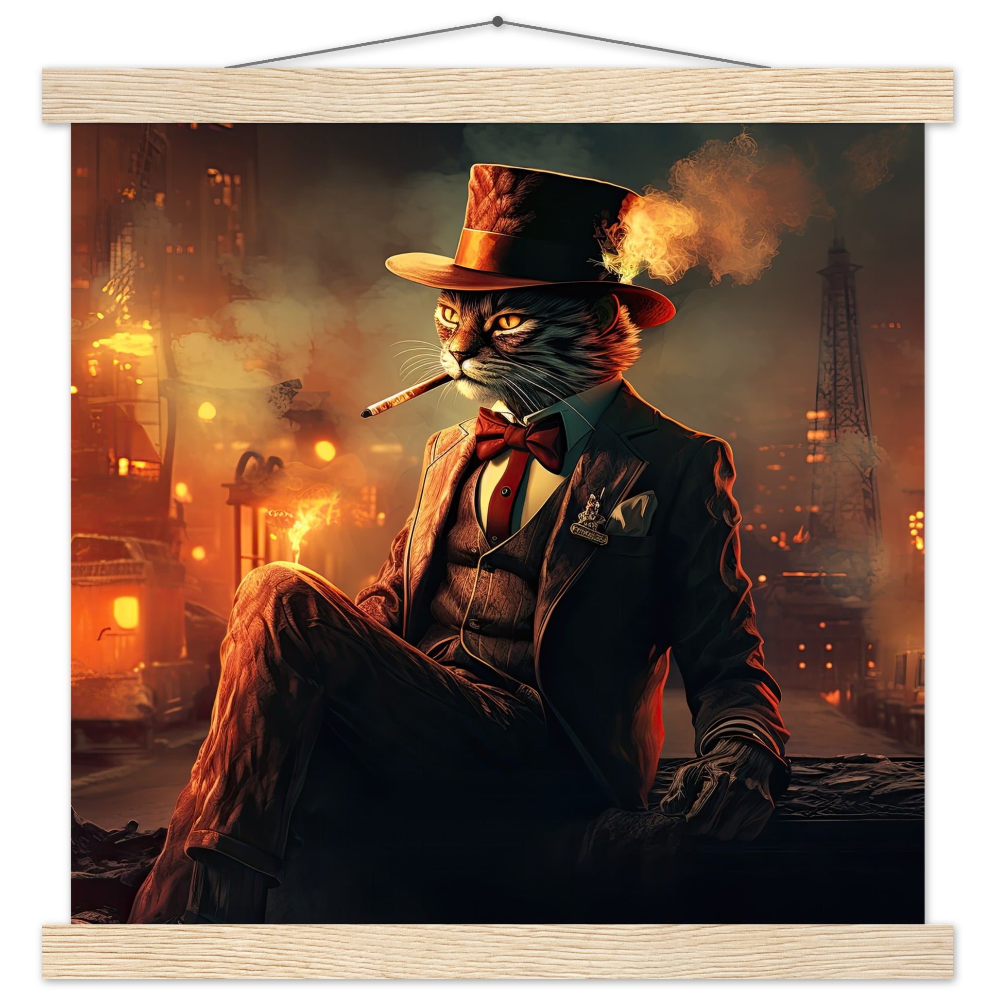 Gangster Cat Cool Art Print with Hanger – 35×35 cm / 14×14″, Natural wood wall hanger