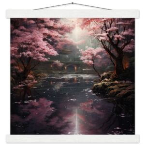 Secret Cherry Blossom Temple Art Print with Hanger - 35x35 cm / 14x14″, White wall hanger