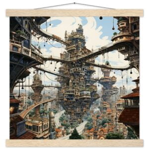 Surreal City Art Print with Hanger - 40x40 cm / 16x16″, Natural wood wall hanger