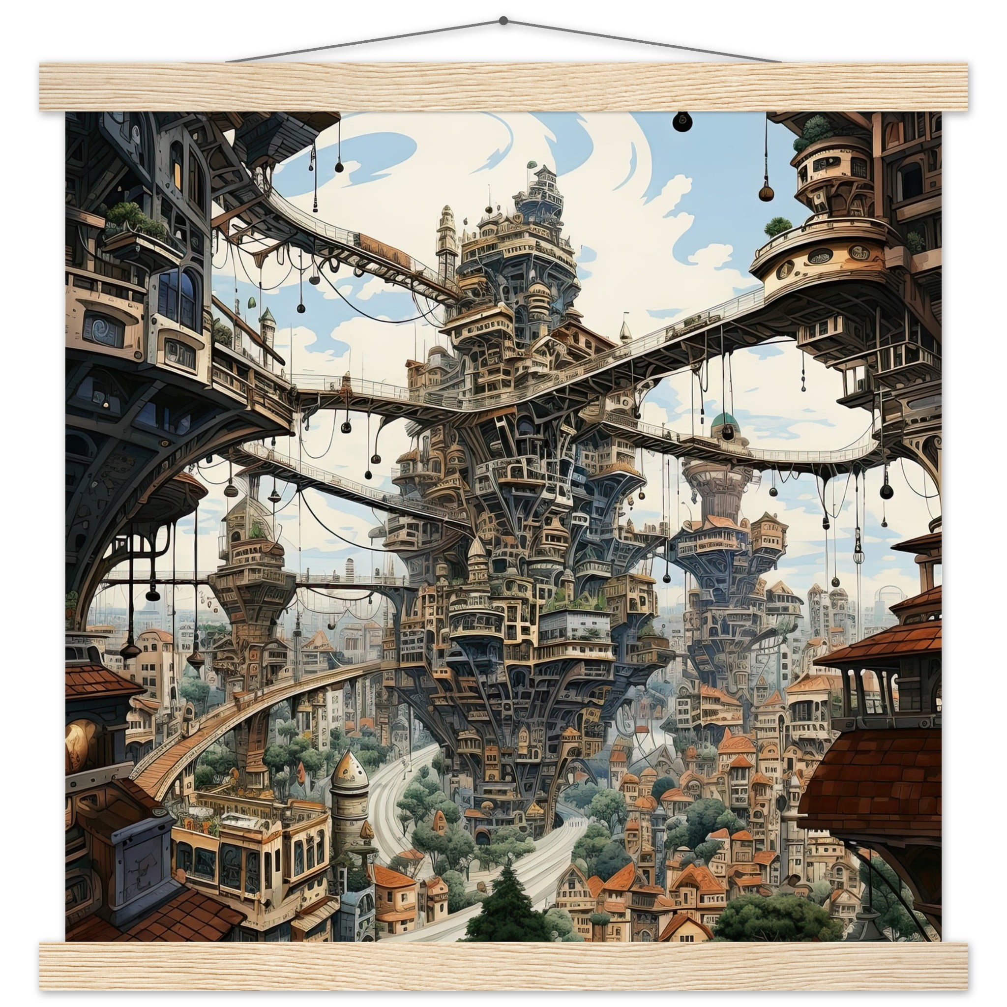 Surreal City Art Print with Hanger – 40×40 cm / 16×16″, Natural wood wall hanger