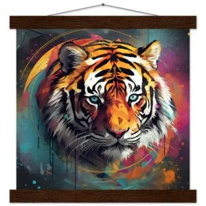 Tiger Colorful Abstract Art Print with Hanger - 30x30 cm / 12x12″, Dark wood wall hanger