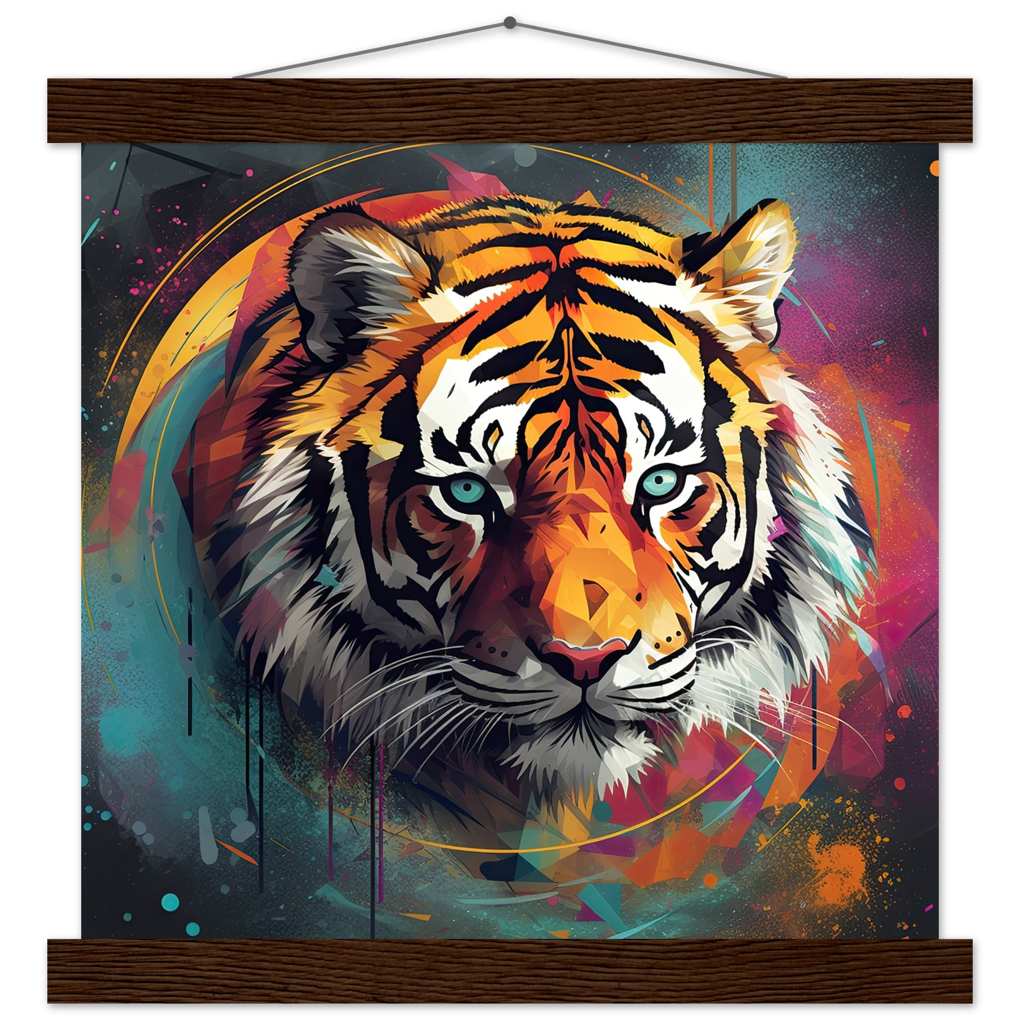 Tiger Colorful Abstract Art Print with Hanger – 30×30 cm / 12×12″, Dark wood wall hanger