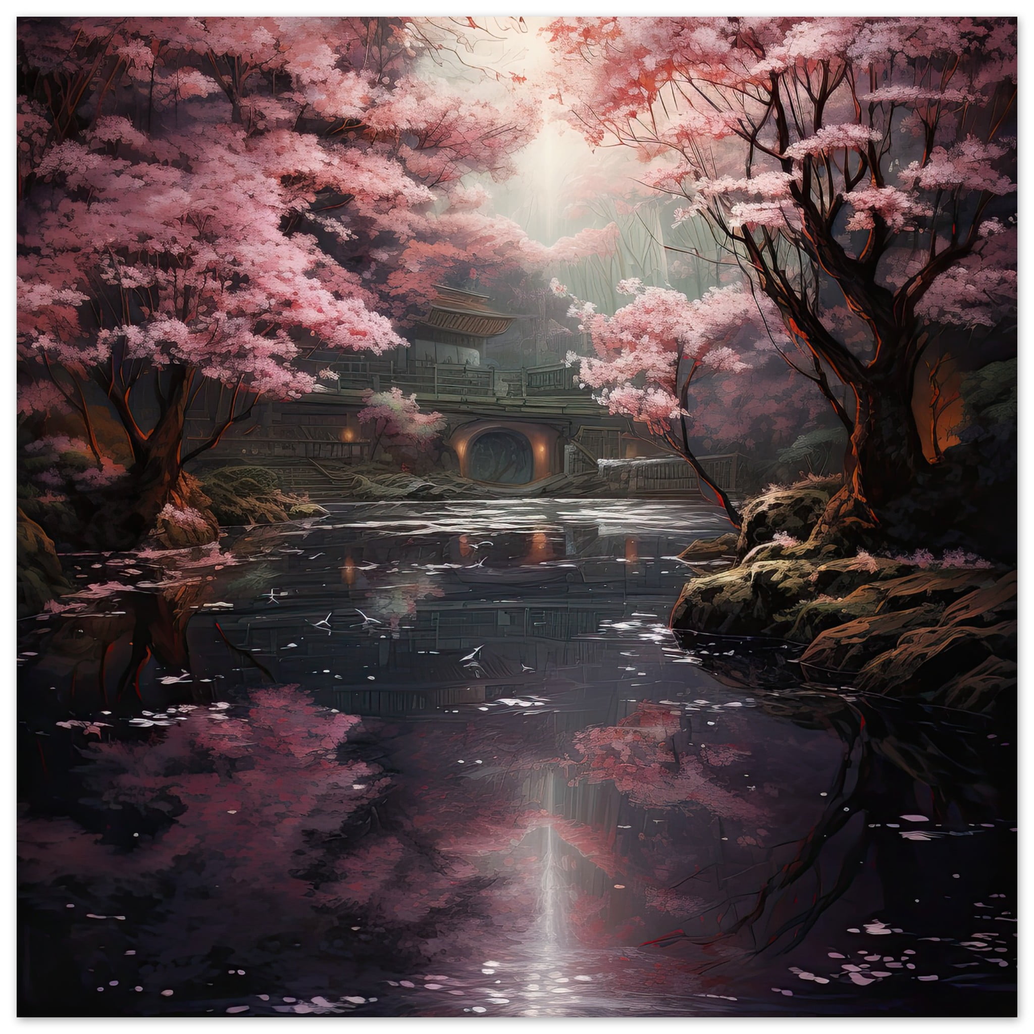 Secret Cherry Blossom Temple Art Poster - 70x70 cm / 28x28″