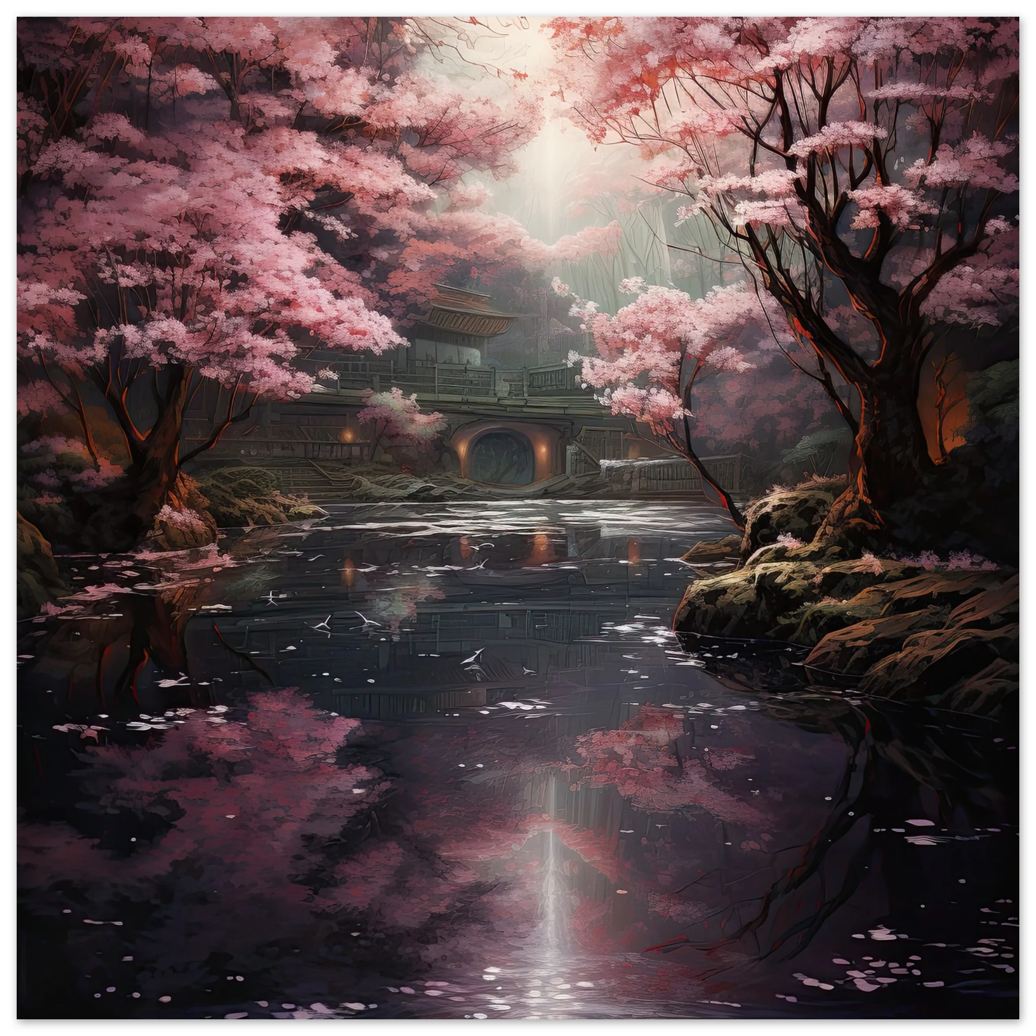 Secret Cherry Blossom Temple Art Poster – 40×40 cm / 16×16″