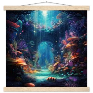 Underwater Paradise Ocean Art Print with Hanger - 40x40 cm / 16x16″, Natural wood wall hanger