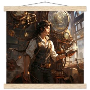 Steampunk Princess Art Print with Hanger - 35x35 cm / 14x14″, Natural wood wall hanger