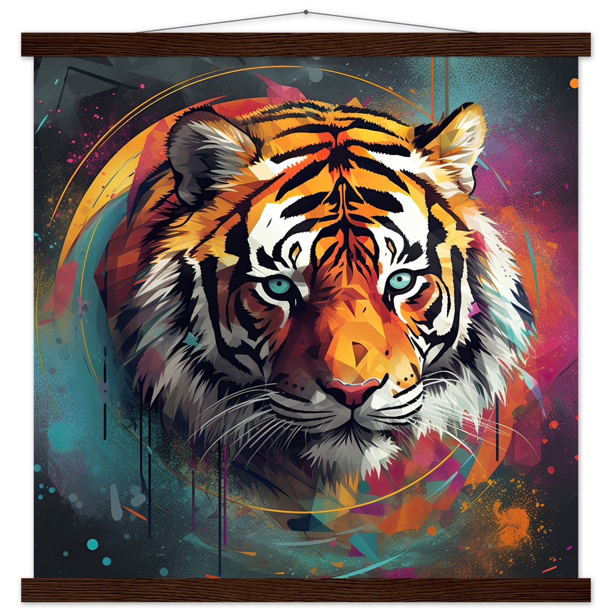 Tiger Colorful Abstract Art Print with Hanger – 50×50 cm / 20×20″, Dark wood wall hanger