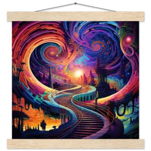 Trippy Colorful Adventure Art Print with Hanger - 30x30 cm / 12x12″, Natural wood wall hanger