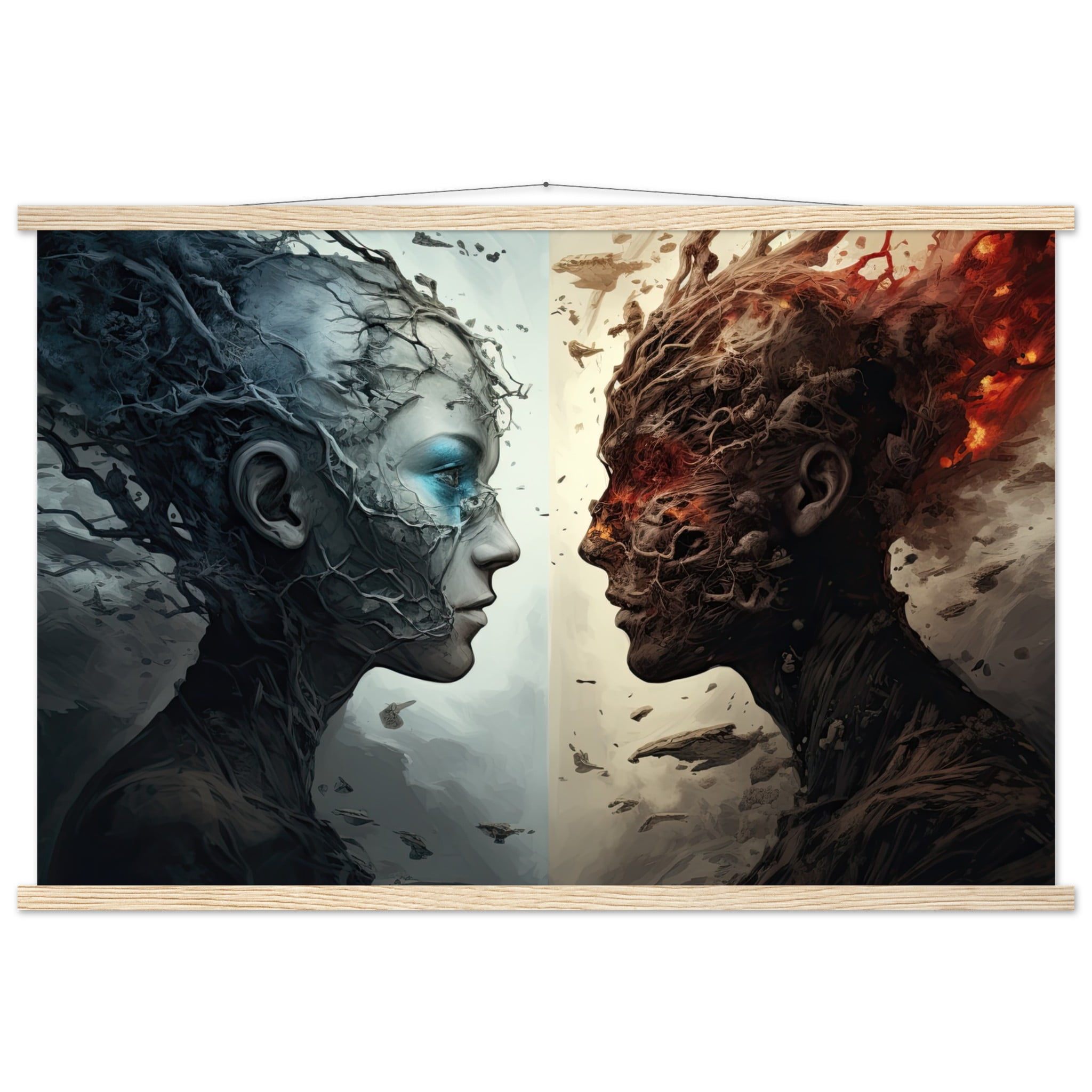 Duality of the Soul – Fire and Ice – Art Print with Hanger – 60×90 cm / 24×36″, Natural wood wall hanger