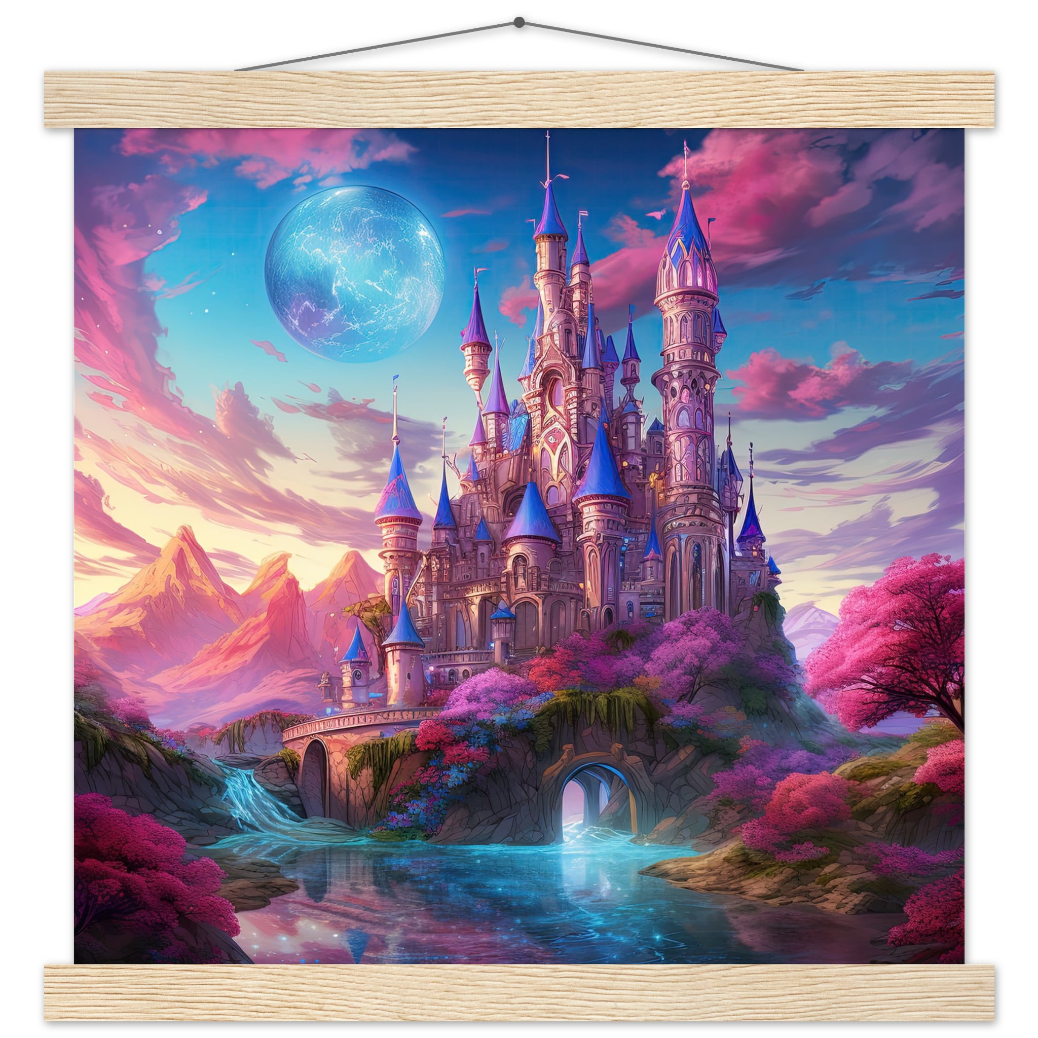 Colorful Fairy Tale Castle Art Print with Hanger – 35×35 cm / 14×14″, Natural wood wall hanger