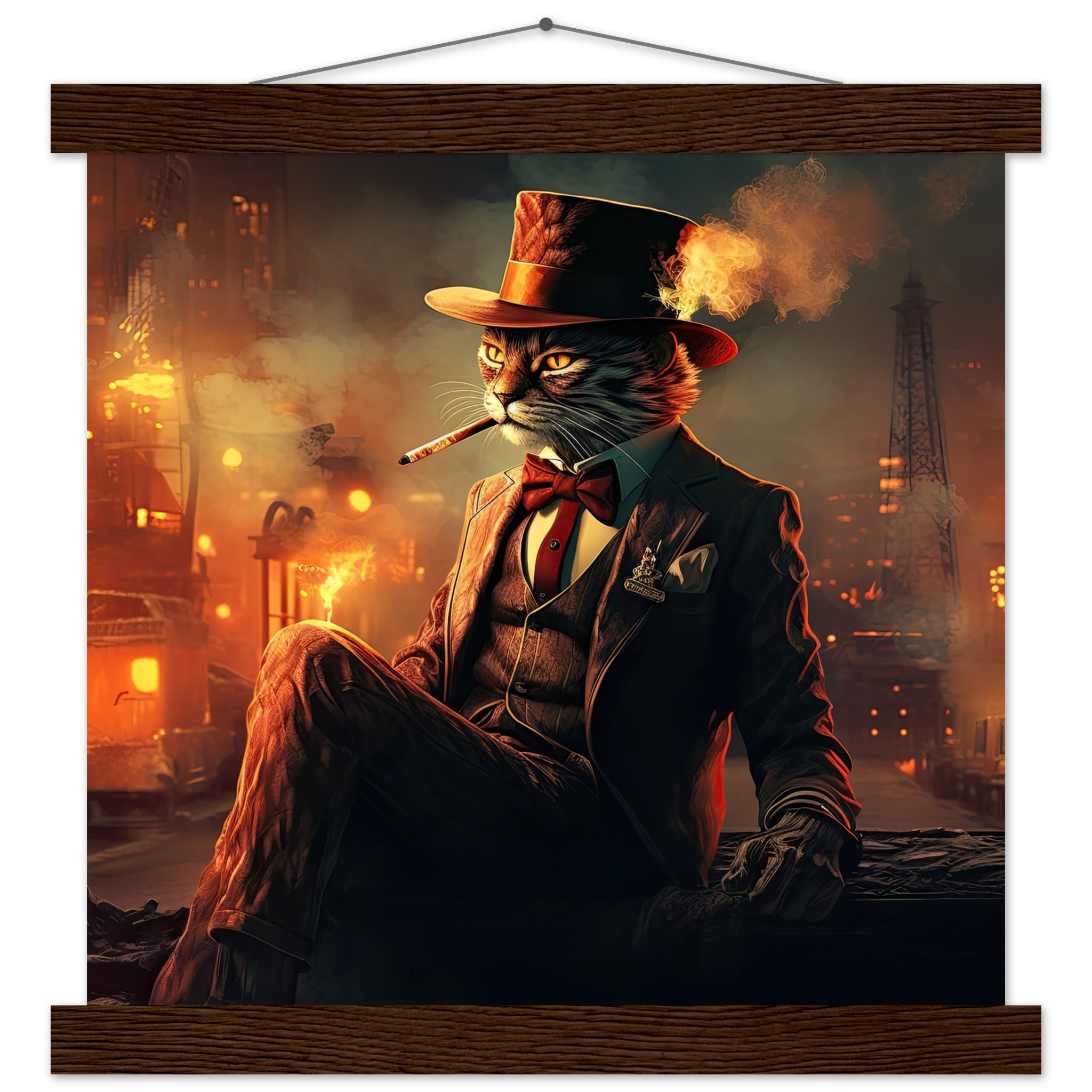 Gangster Cat Cool Art Print with Hanger – 30×30 cm / 12×12″, Dark wood wall hanger
