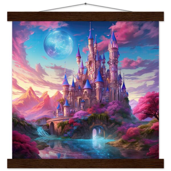 Colorful Fairy Tale Castle Art Print with Hanger - 35x35 cm / 14x14″, Dark wood wall hanger