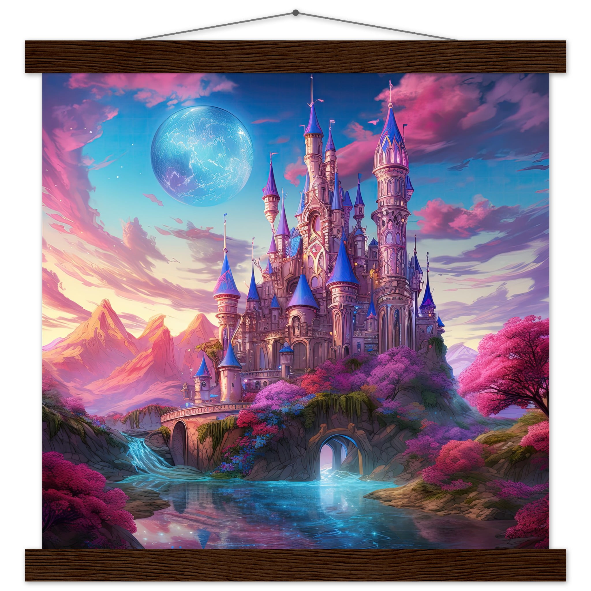 Colorful Fairy Tale Castle Art Print with Hanger – 35×35 cm / 14×14″, Dark wood wall hanger