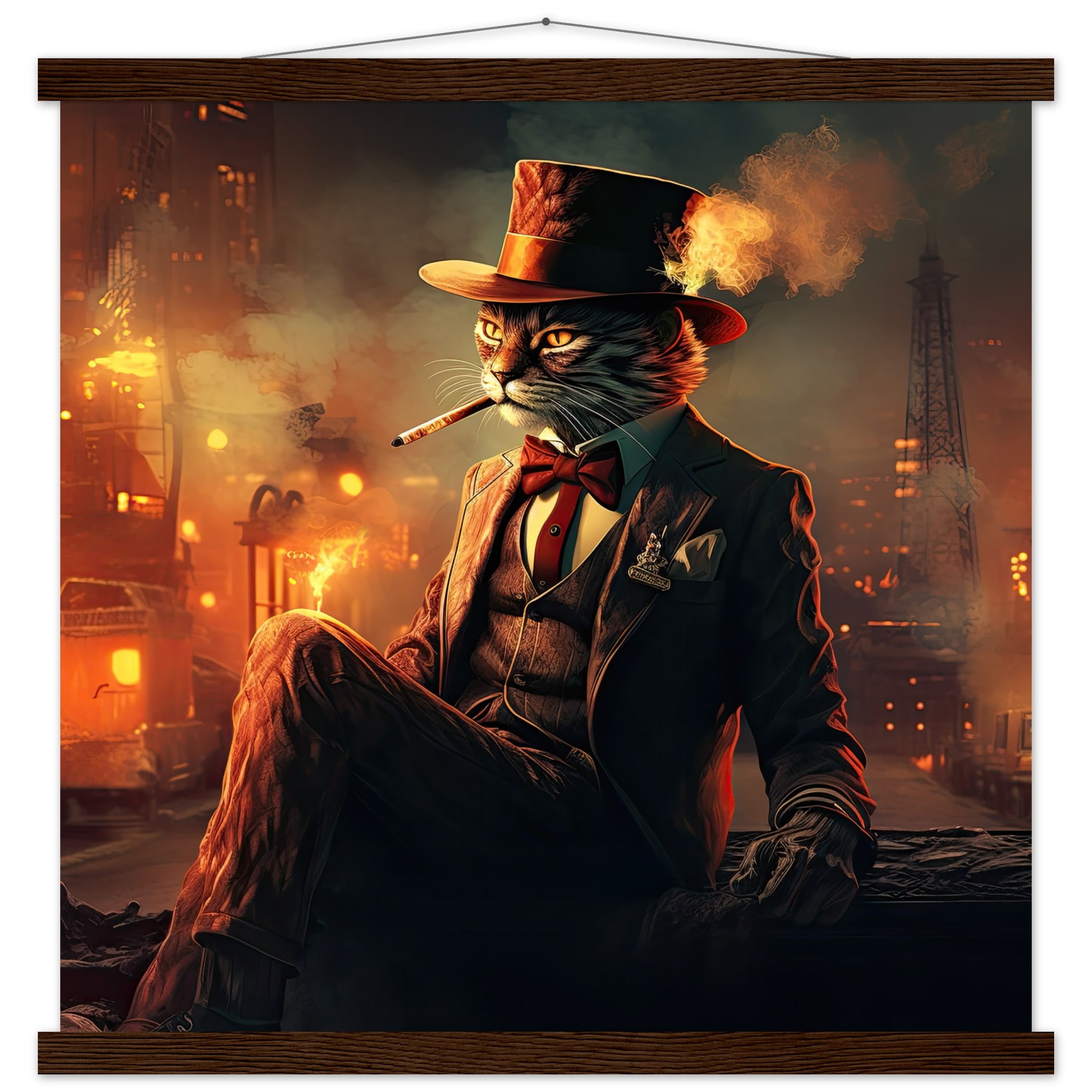 Gangster Cat Cool Art Print with Hanger – 50×50 cm / 20×20″, Dark wood wall hanger