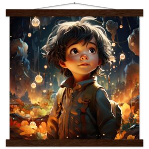 Enchanted World - Boy Adventurer - Art Print with Hanger - 40x40 cm / 16x16″, Dark wood wall hanger