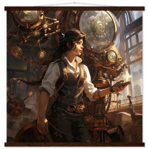 Steampunk Princess Art Print with Hanger - 70x70 cm / 28x28″, Dark wood wall hanger