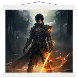 Male Anime Character - Flaming Sword - Art Print with Hanger - 35x35 cm / 14x14″, White wall hanger