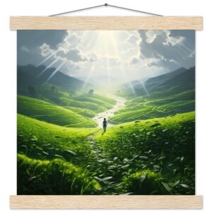 Daybreak - Fields of Green - Art Print with Hanger - 30x30 cm / 12x12″, Natural wood wall hanger