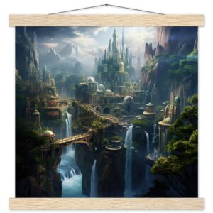 Elven Kingdom Art Print with Hanger - 35x35 cm / 14x14″, Natural wood wall hanger