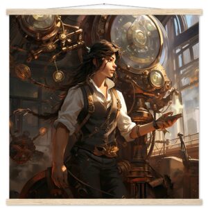 Steampunk Princess Art Print with Hanger - 70x70 cm / 28x28″, Natural wood wall hanger