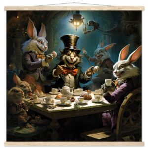 Mad Hatter's Tea Party Art Print with Hanger - 70x70 cm / 28x28″, Natural wood wall hanger