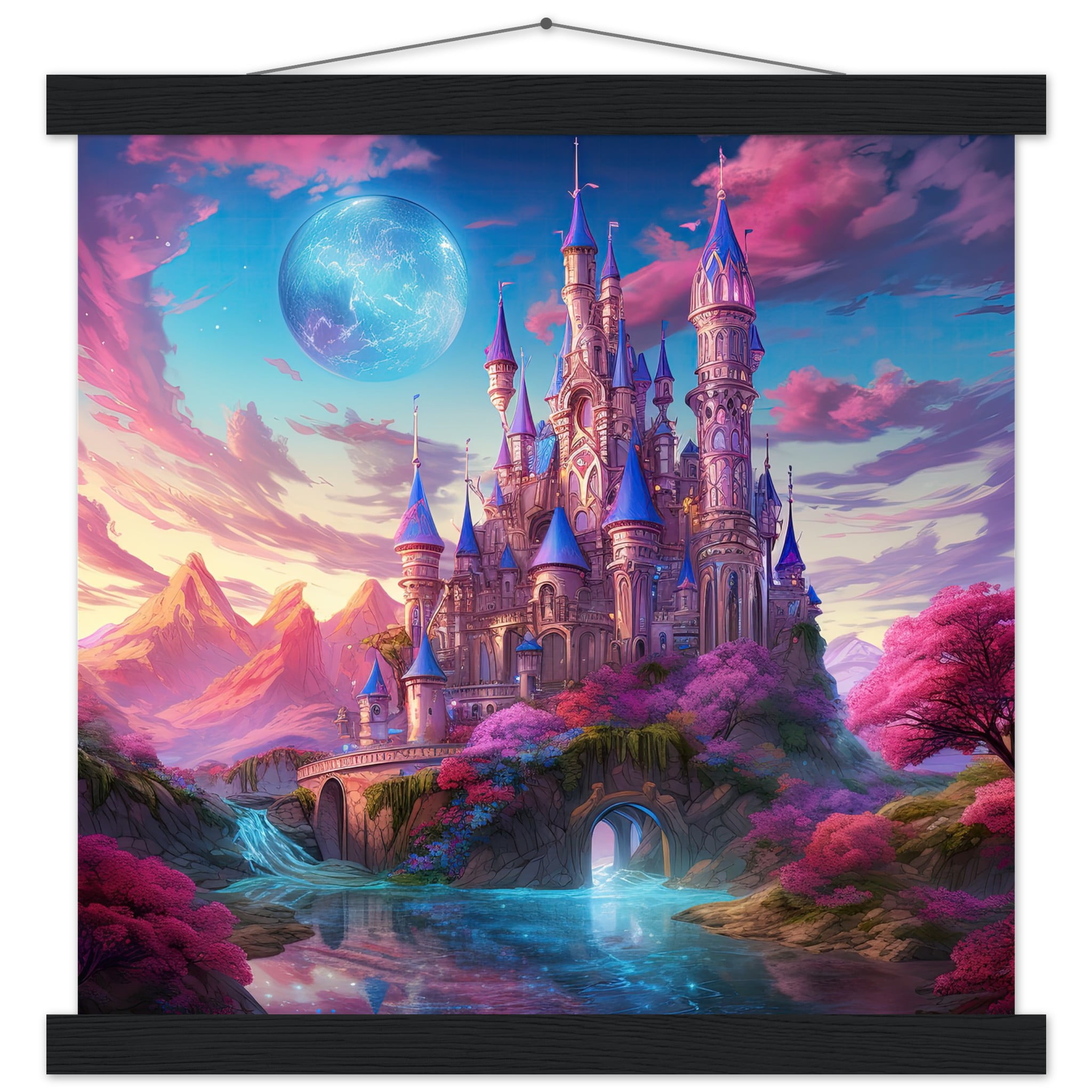 Colorful Fairy Tale Castle Art Print with Hanger – 35×35 cm / 14×14″, Black wall hanger