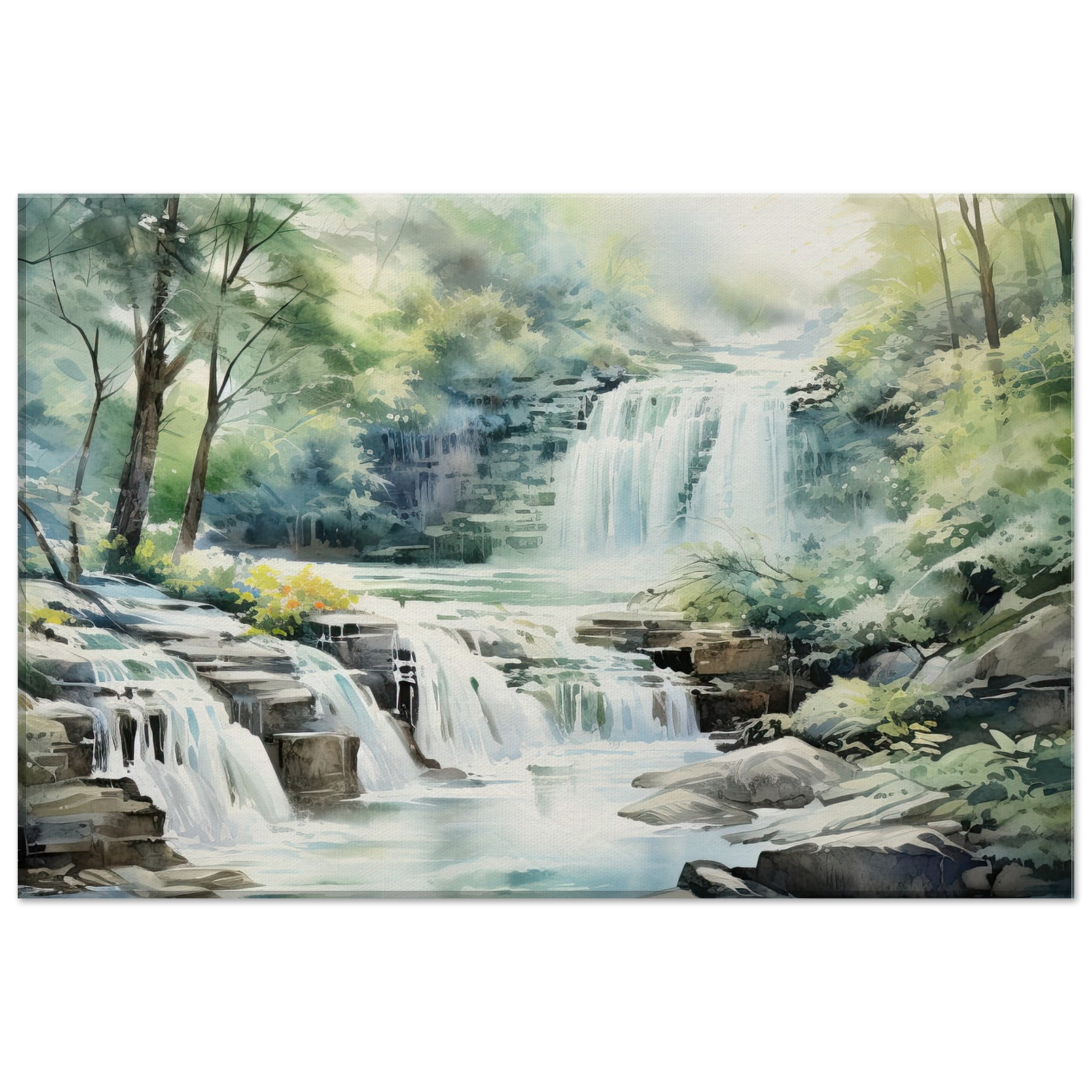 Serene Waterfall in Watercolor Canvas Print
