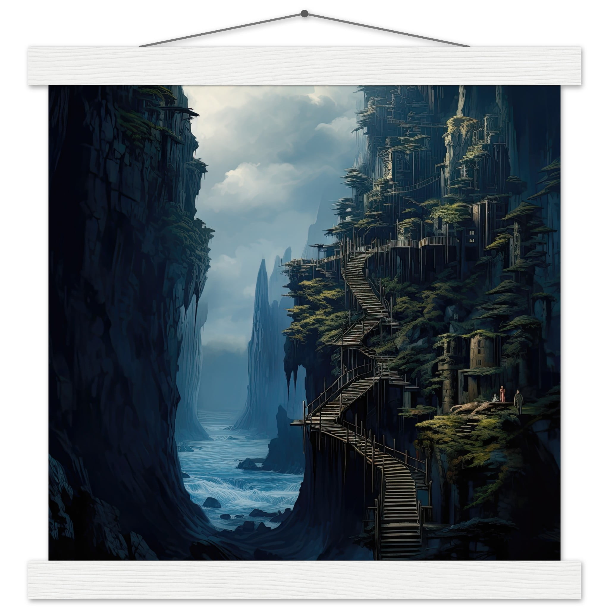 Cliffside Kingdom Landscape Art Print with Hanger – 30×30 cm / 12×12″, White wall hanger