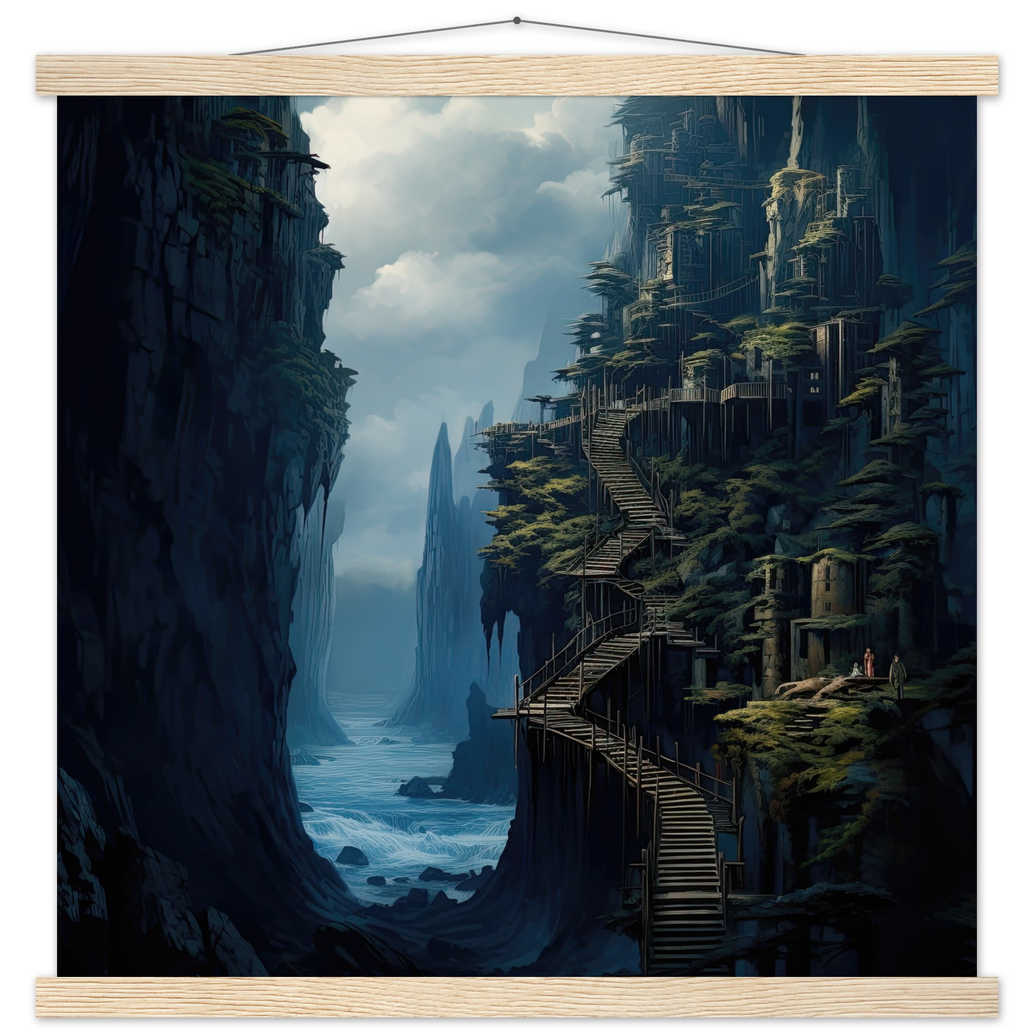 Cliffside Kingdom Landscape Art Print with Hanger – 50×50 cm / 20×20″, Natural wood wall hanger