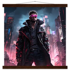 Cool Cyberpunk Dude Art Print with Hanger - 45x45 cm / 18x18″, Dark wood wall hanger