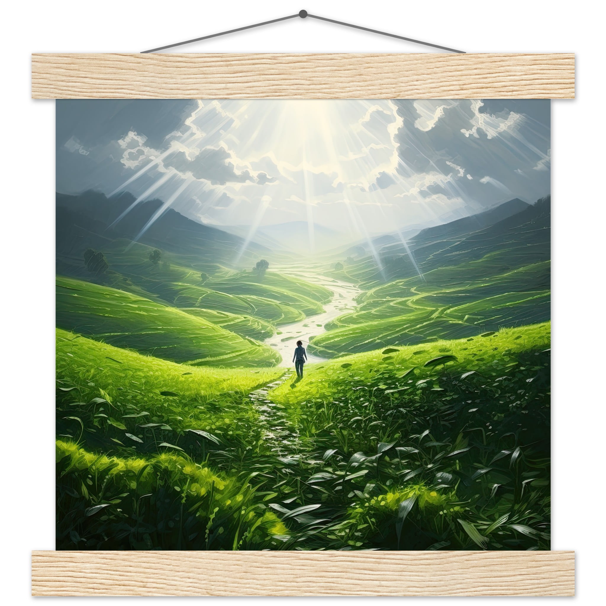 Daybreak – Fields of Green – Art Print with Hanger – 25×25 cm / 10×10″, Natural wood wall hanger