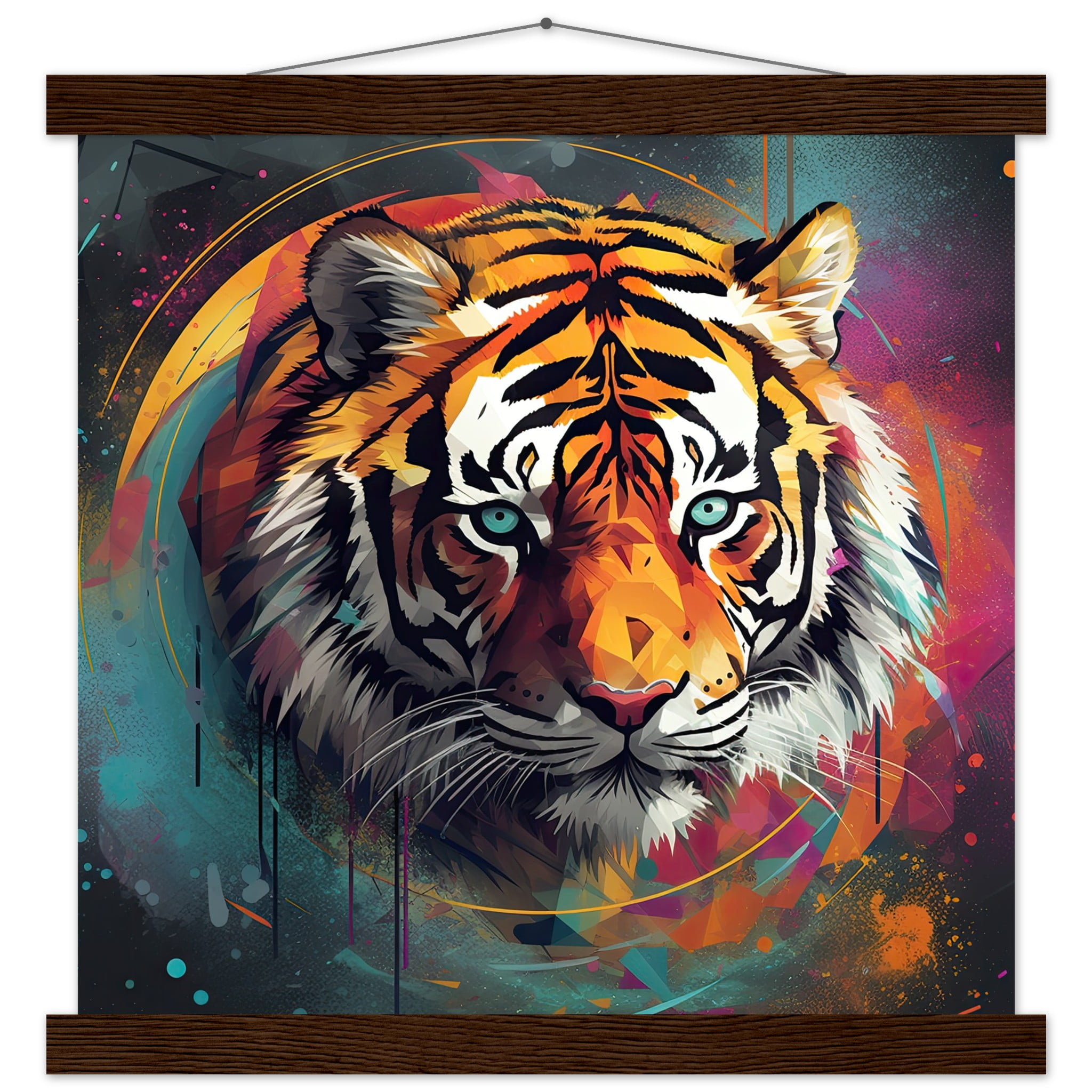Tiger Colorful Abstract Art Print with Hanger – 35×35 cm / 14×14″, Dark wood wall hanger