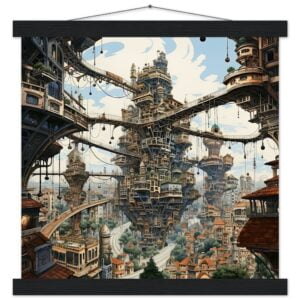 Surreal City Art Print with Hanger - 35x35 cm / 14x14″, Black wall hanger