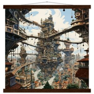 Surreal City Art Print with Hanger - 50x50 cm / 20x20″, Dark wood wall hanger
