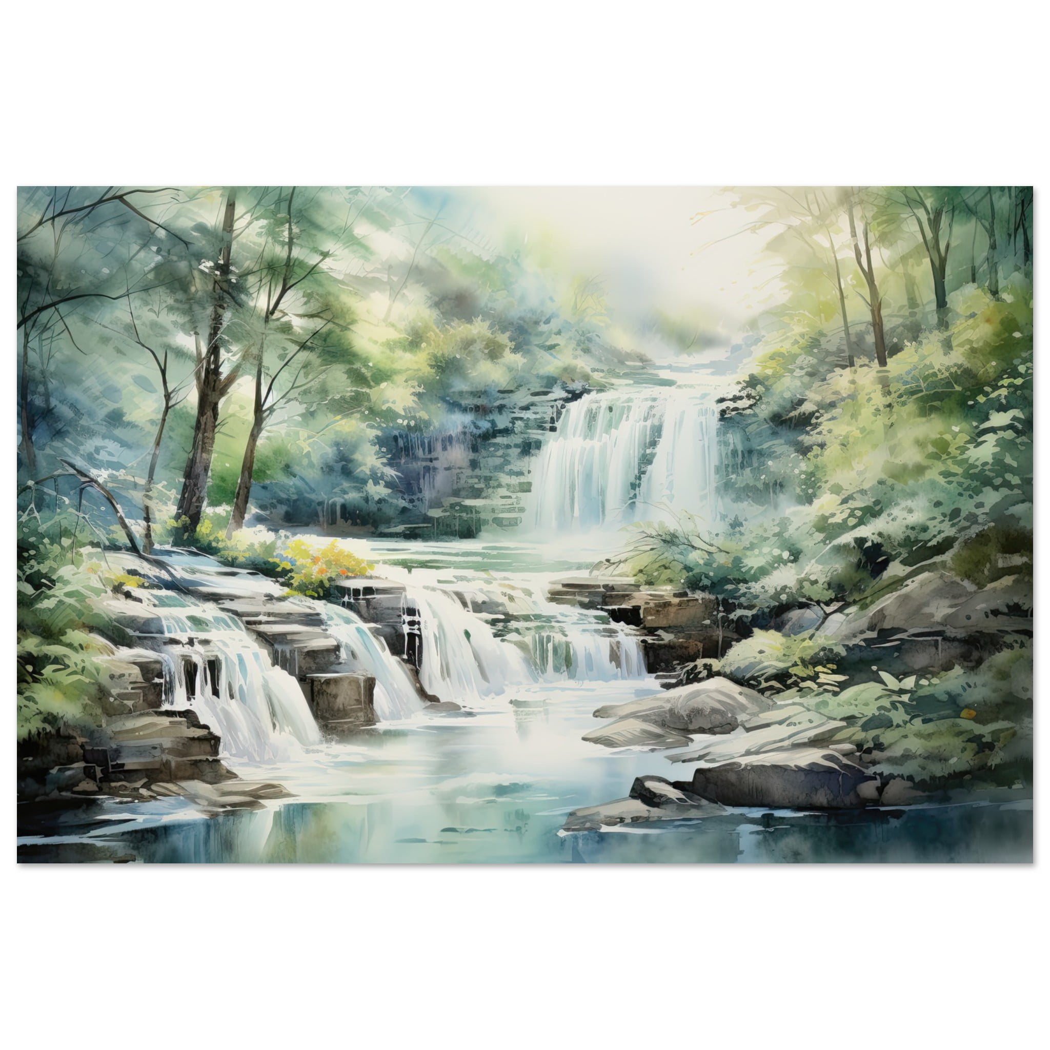 Serene Waterfall in Watercolor Art Poster – 40×60 cm / 16×24″