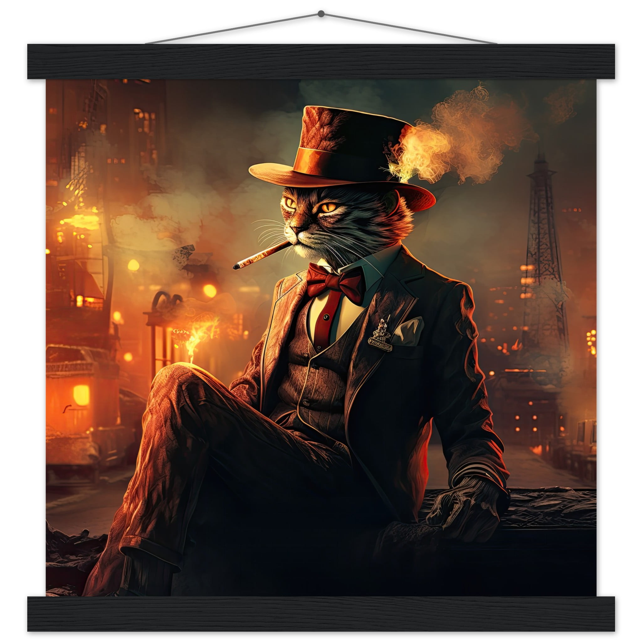 Gangster Cat Cool Art Print with Hanger – 35×35 cm / 14×14″, Black wall hanger